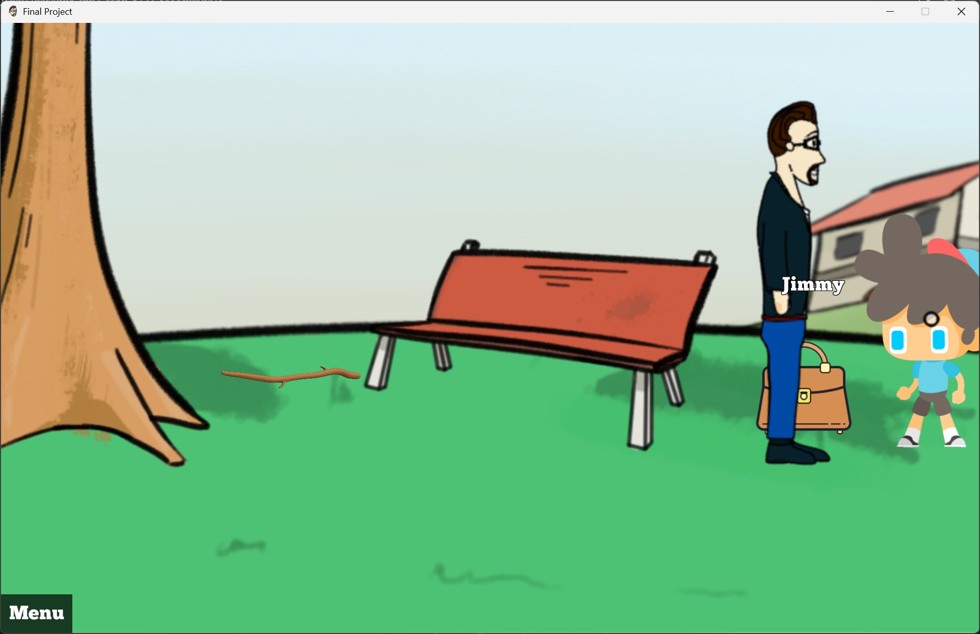 Jimmy arrives. The same character from SideScroller, small figure, blue cap, floppy grey hair, labelled here so the player knows who he is.