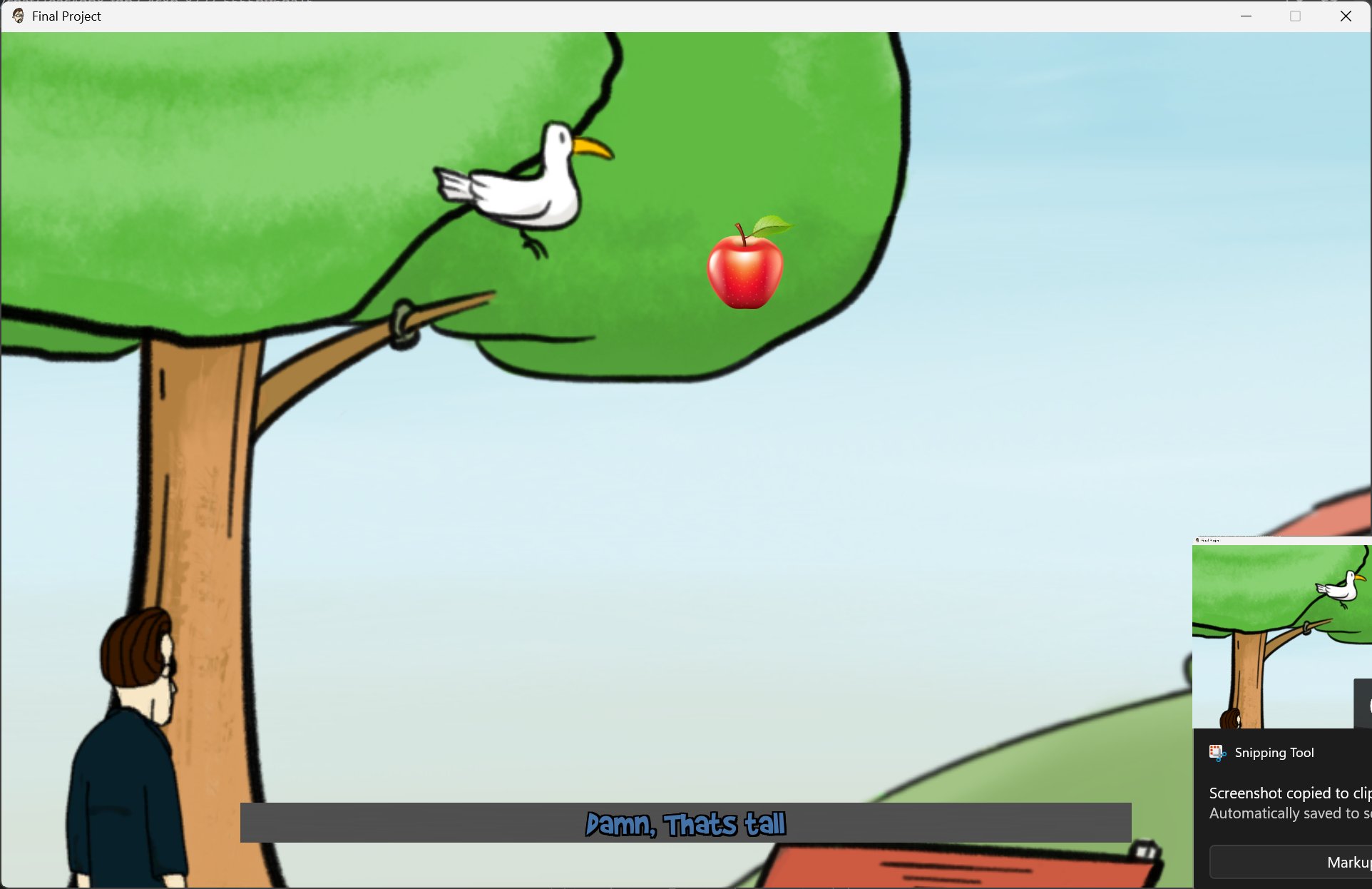 A puzzle setup: an apple high in the tree, a seagull, the man saying "Damn, that's tall." Standard point-and-click logic, find a way to get the apple.