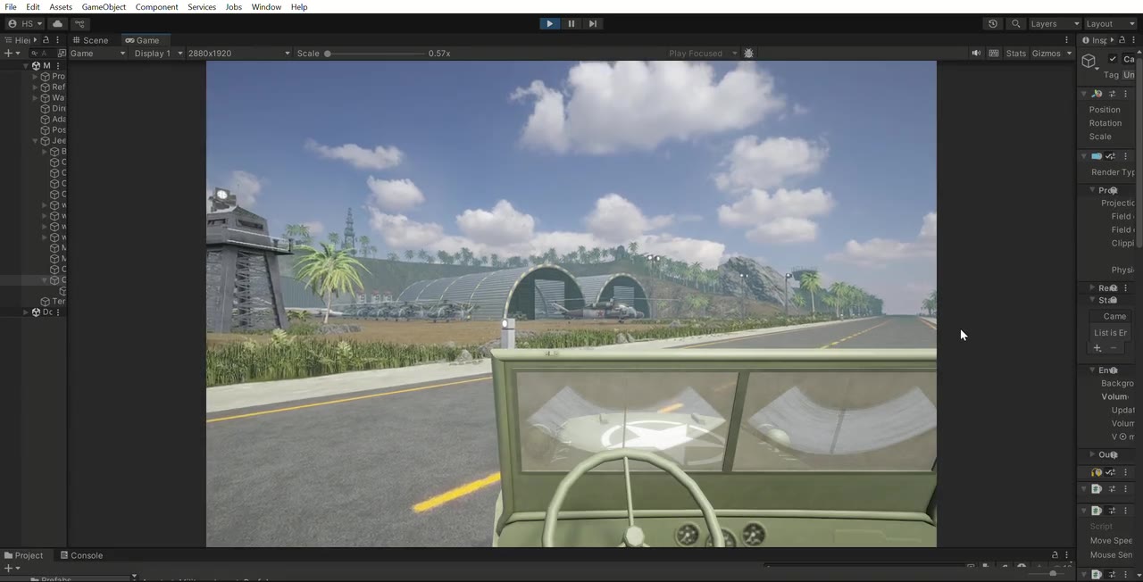 Approaching the airbase. Helicopter hangars in the distance, watchtower, palm-lined road.