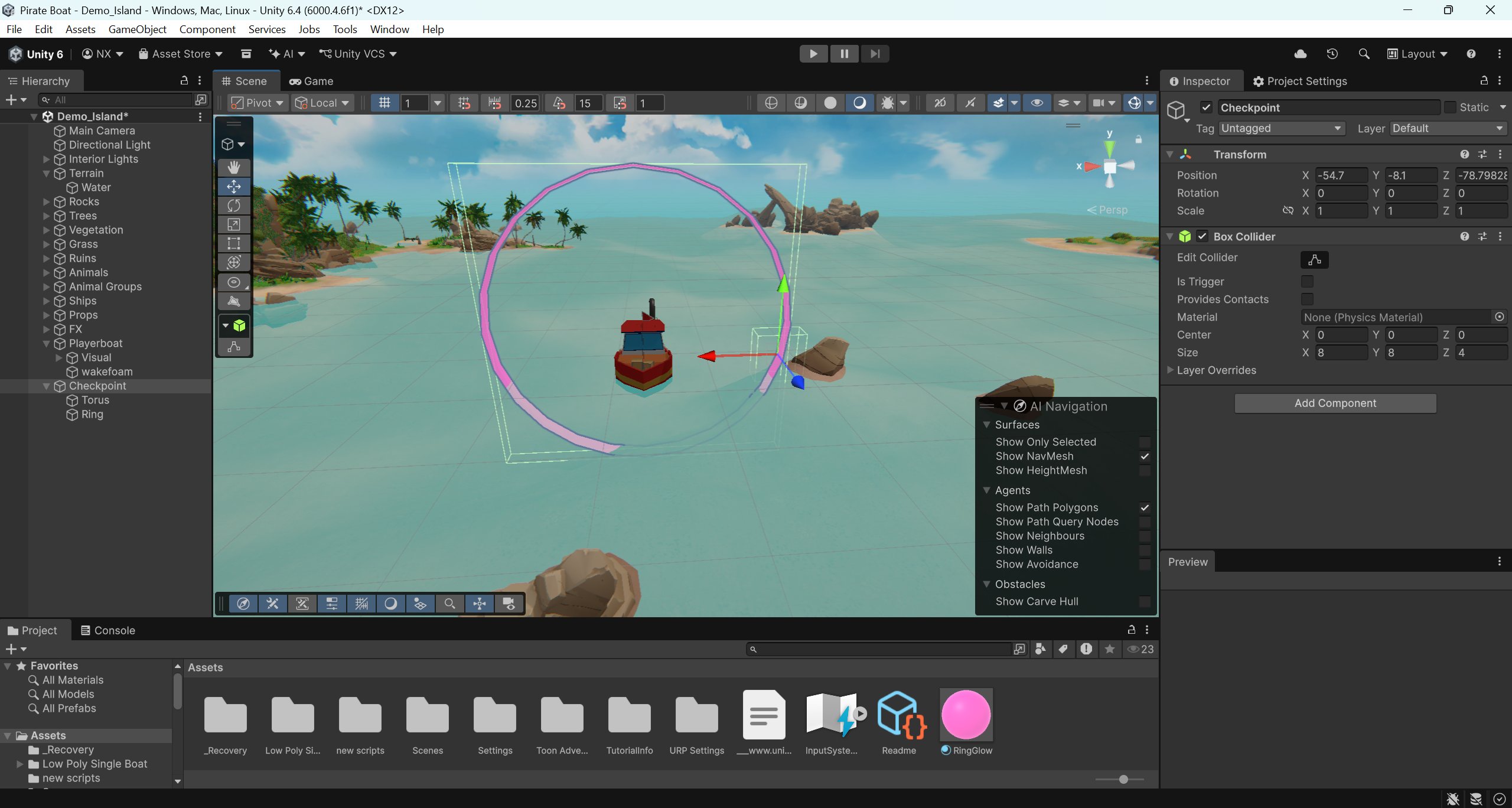 Unity scene view. Course (object that holds the checkpoint sequence), Timer, Scoring all top-level.