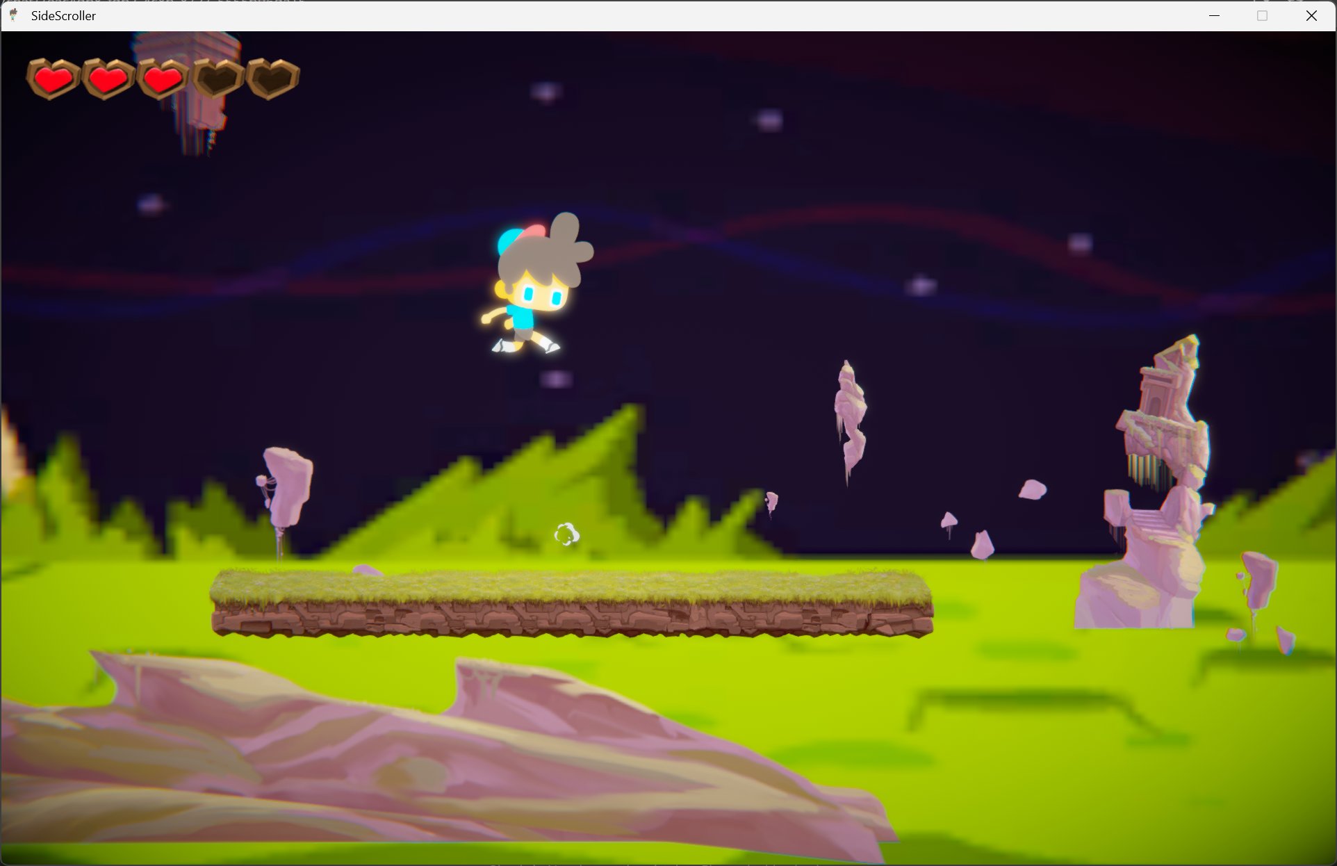 Mid-game. Twilight palette, lighter platforms, the character in motion with a particle dust trail on jump.