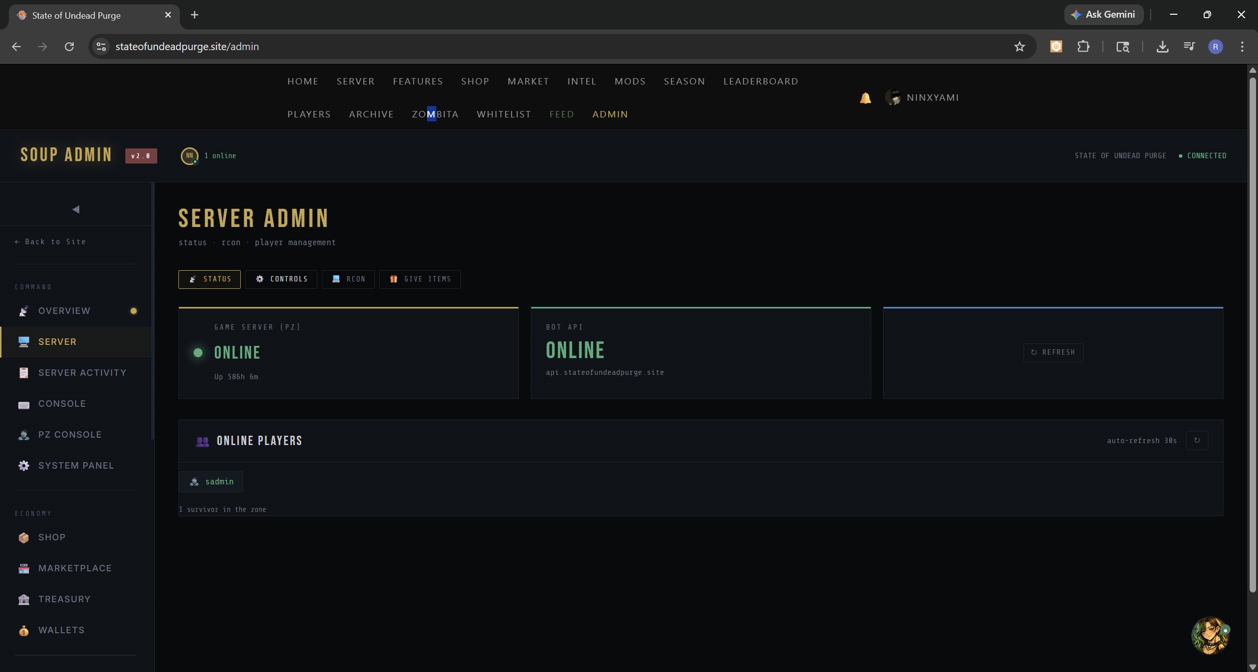 Server admin status page showing game server uptime and online players