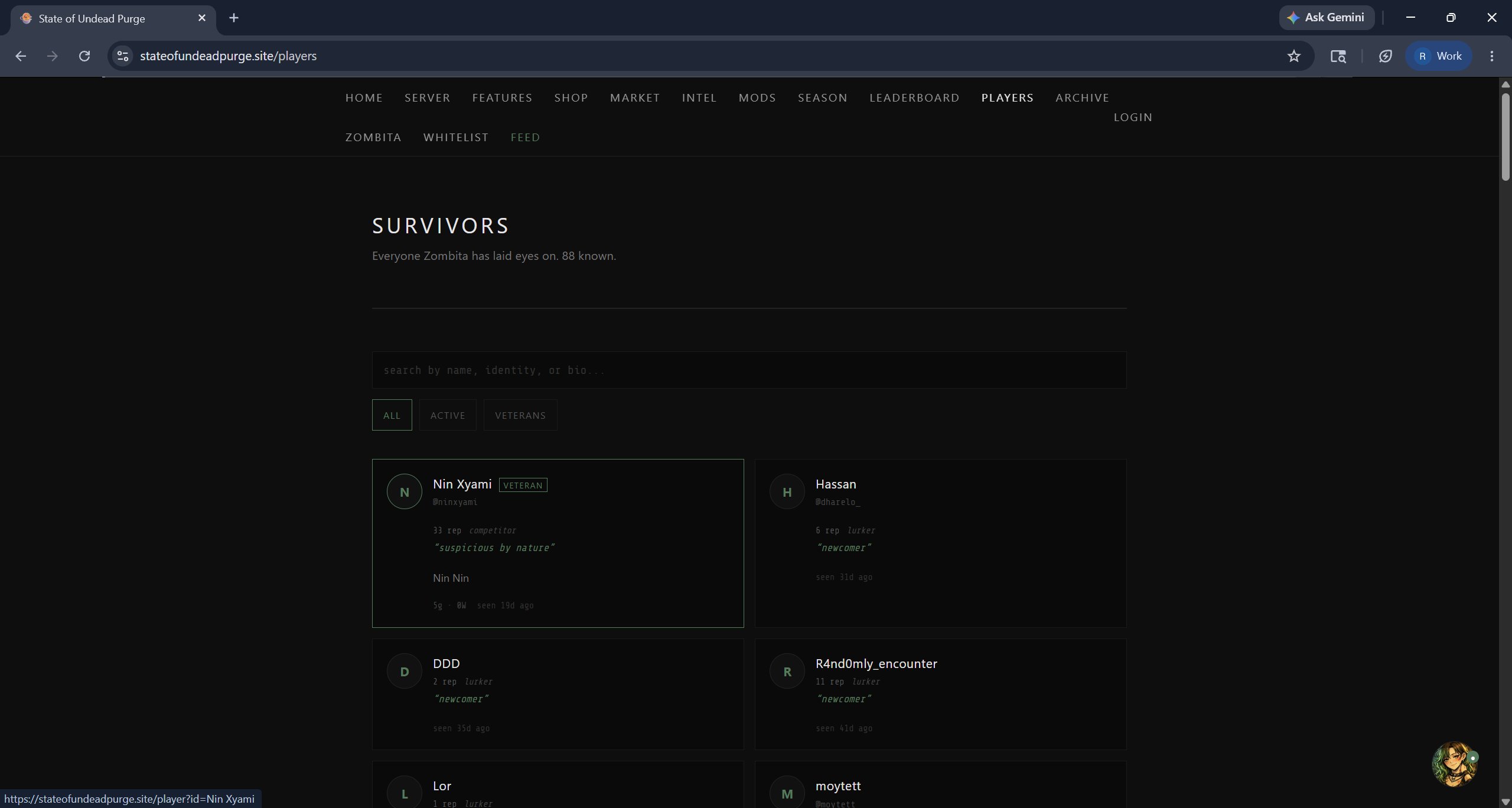 Public shop network page showing all eight shopkeepers